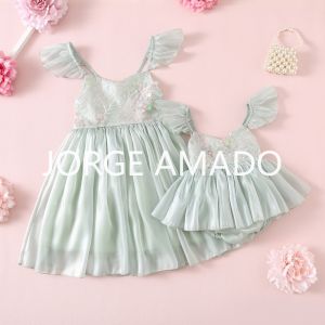 Girls Sister Matching Outfits Summer Sling Big Bow Bodysuit Sequined Square Collar Dress Cute Daughter Princess Gown H1518-2