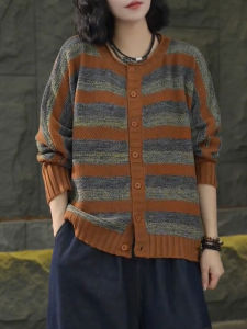QINGNAER | Elegant Retro Contrast Stripes Knitted Cardigan Womens Top