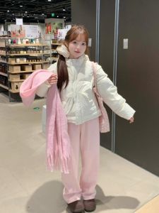 กางเกงขายาวทรงตรงเอวสูงผ้าฝ้ายผสมกำมะหยี่สีชมพูสำหรับผู้หญิง กางเกงขายาวทรงหลวมสบาย ๆ ฤดูใบไม้ผลิและฤดูใบไม้ร่วง กางเกงขายาวทรงสลิมฟิตสำหรับผู้หญิง