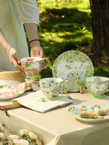 Blue Lotus High Temperature Resistant Ceramic Coffee Cup Breakfast Mug Glazed under Color Plate Hand Drawn Floral Design