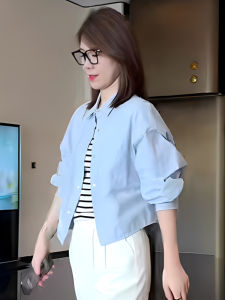 เสื้อเชิ้ตแขนยาวสีน้ำเงิน ทรงหลวม สไตล์ลำลอง เสื้อคลุมกันหนาวสำหรับผู้หญิง ดีไซน์เก๋ไก๋ แขนยาว ปกโปโล เสื้อเชิ้ตแฟชั่นฤดูใบไม้ร่วง