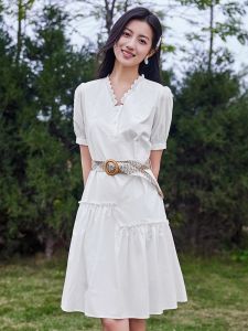 WANGGONGZHU | Elegant V-neck A-line Midi Dress Women Summer 2025 New High Waist Gored Skirt Korean Style Cotton 100% Fashionable Long Dress