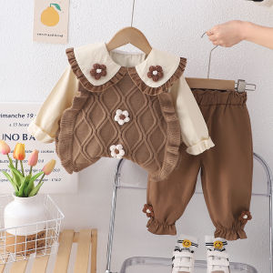 Baby Spring Fashion Set Cotton Sweater Vest Double Flower Design Casual Pants Doll Collar Shirt Khaki Three-piece Ensemble