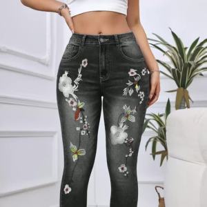 Y2k Jeans For Woman High Waisted Floral Embroidery Skinny Stretch Denim Trousers Slim Fit Ankle Length Elegant Female Pants