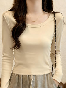 เสื้อยืดคอกลมแขนยาวทรงเข้ารูปสำหรับผู้หญิง ทรงพื้นฐาน ฤดูใบไม้ร่วง ผ้าฝ้าย สีพื้น คอกลม ทรงเข้ารูป แขนยาว คอกลม