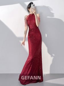 Summer Halter Shoulder Fringe Sequin Mermaid Dress for Engagement