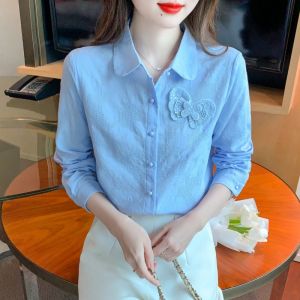 Pure Cotton Long Sleeve Womens Shirt Spring Autumn 2023 New Design Sensation Small Audience Embroidered Top Korean Style