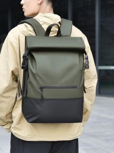 2025 New Gold Cedar Mens Casual Business Large Capacity Roll Mouth Color Block Simple Fashion Student Backpack