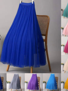 กระโปรงจีบเอวสูงผ้าตาข่าย กระโปรงทรงเอยาวคลุมเข่า แฟชั่นฤดูใบไม้ผลิ ผ้าโพลีเอสเตอร์ สีสันสดใส ลำลอง เดรสยาวคลุมเข่า