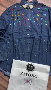 Kemeja Denim Permata Wanita Import Premium | Kemeja Casual Korea Mutiara Oversize LD 120 PB 75-82