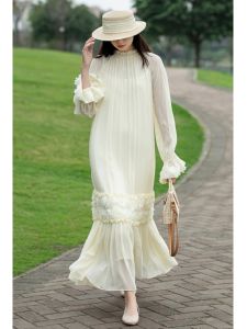 ชุดเดรสผ้าไหมไหมพรมคุณภาพสูงสำหรับฤดูร้อน ชุดราตรีสไตล์เจ้าหญิง แขนยาว กระโปรงทรงเอ คอวี ทรงหลวม ทรงเข้ารูป ชุดเดรสผู้หญิง