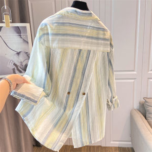 Big Sale Leak-Picking ~ Counter Export Spring & Fall Cotton Linen Contrast Color Stripes Split Long Sleeve Shirt Chic Easiest for Match Tops Women