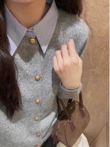 Áo Len Dệt Kim Cổ Bẻ Giả Hai Mảnh Màu Xám Cho Nữ Thu Đông Cỡ Nhỏ Ôm Vừa Vặn Áo Len Cardigan Cardigan Cổ Bẻ Áo Len