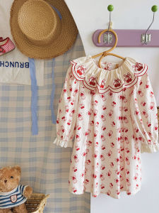 Pure Cotton Long Sleeve Embroidered Princess Dress for Girls Baby Cherry Stitched Collar New Autumn Fashion Childrens Clothing