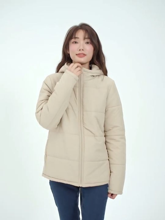 Giordano Women Solid color zip front padded hooded jacket Free