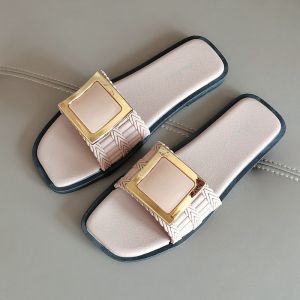IELGY New square buckle slippers womens summer soft non-slip student fashion flat bottom lip-flops
