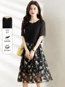 ชุดเดรส La Chapelle ฤดูร้อน 2025 ชุดสองชิ้นหรูหรา ชุดกระโปรงทรงเอผ้าโพลีเอสเตอร์ แขนสั้น คอตั้ง เอวสูง ชุดทำงานสไตล์เกาหลี