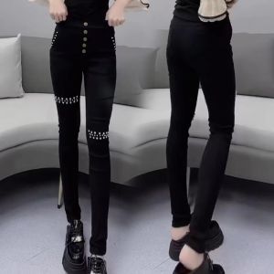 High Waist Elastic Fashionable Asymmetric Heavy Embellished Womens Bottoming Pencil Pants Casual Long Trousers