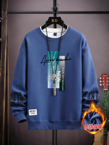 Thickened Hoodie Mens Long Sleeve round Neck Sweatshirt Fleece Lined Autumn Winter Youth Student Cotton Polyester Casual Top