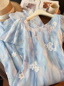 PAIBOLI | French Vintage Sea Style Embroidered Wave Pattern Daisy Fairy Dress Blue