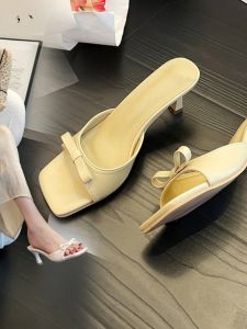 Elegant Cat Heel High Heels Womens Summer New White French Style Square Head Outdoor Wearable Slippers Sweet Pure Color