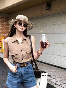 Fashionable Half-Open Collar Solid Color Shirt Versatile Casual Vest Sleeveless Comfortable High-End Feel Simple Design
