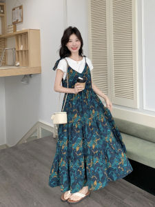 French Style Floral Print Maxi Dress Hepburn Elegant Light Maturity Summer New Style High Waist Sleeveless A-Line Dress Women