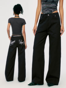 WooHa Summer New High Street Embroidered Loose Straight Casual Pants Womens Workwear Trousers Street Sport Leisure High Waist Cotton