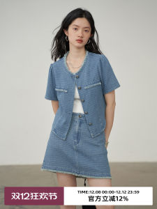 Omont Tarts Home Retro Debutante Style Short-Sleeved Shirt Womens Summer Loose round Neck Denim Shirt Frayed Edge Tops