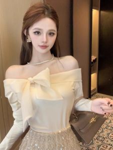 GUZILIAN | French Style Butterfly Knot Long Sleeve Womens T-shirt Beautiful Shoulder Bared Autumn New Style Pure Desire Base Shirt Inner Wear