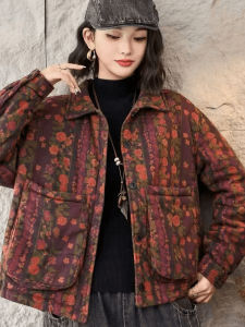 Retro Print Cotton Jacket Winter New Style Warm Loose Casual All-Match Coat with Pocket Womens Thickened Long Sleeve Coat