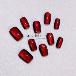 Handmade Short Nail Tips Glittering White Enhancing Red Bride Stand out Cat Eye Tiger Eye Stone Nail Art Stickers Wearable Nails