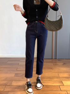 Deep Blue High Waist Straight Leg Jeans Womens Spring Autumn Style Slimming Ankle Length Cotton Elastane Denim Pants