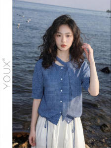 YOUXIANG | Áo Sơ Mi Tay Ngắn Họa Tiết Carô Xanh Hàn Quốc