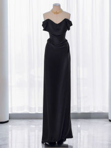 French Black Evening Dress for Women Simple Elegant Wedding Party Gown Mid-Waist Zippered Ruched Satin Surface Clean Cut