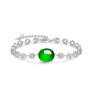 AILEQ | Fashion 925 Silver Natural Green Chalcedony Egg Face Charm Bracelet