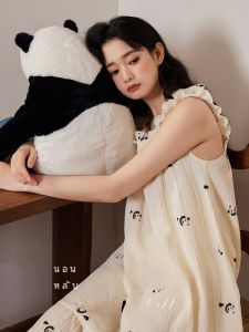 ชุดนอนผู้หญิงผ้าฝ้ายลายหมีแพนด้าฤดูร้อน ชุดนอนผู้หญิงแขนกุด ชุดนอนผ้าฝ้ายแท้ ชุดนอนผ้าฝ้ายผสม ชุดนอนผ้าฝ้ายผสม