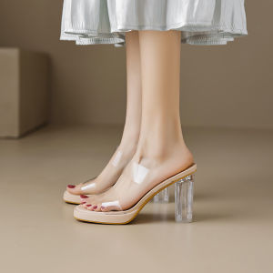 Transparent High Heel Sandals Womens Summer New Thick Heel Waterproof Platform Versatile Crystal Heel Slippers Fashionable Casual