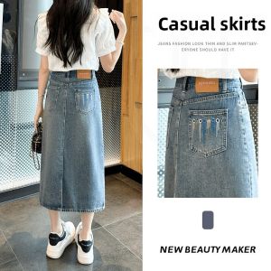 High Waist A-Line Mini Skirt Womens Denim Skirt Summer Slimming Loose Fit with Slits Mid-Length Casual Style Jeans Skirt