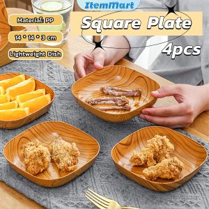ItemMart 4pcs Plate Set Kitchenware Plastic Wooden Design Square Snack Tableware Kitchen Supplies