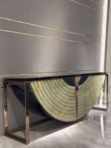 Designer Stainless Steel Console Table Villa Large Layout Luxury Living Room Partition Decor Entrance Cabinet Italian Style Wood Veneer Storage