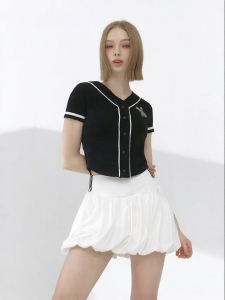 Imported Women Color Block Buttoned Short Sleeve Tennis Shirt
