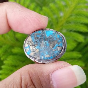 Cincin Batu Natural Pirus / Pyrus Persia Serat Logam / Perak Jumbo