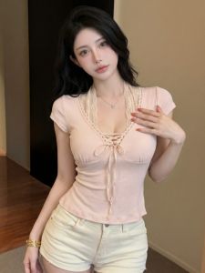 GUZILIAN | Feminine Spicy Style Deep V-neck Pseudo Two-piece Lace Splicing Off-shoulder Tied Short-sleeved Top