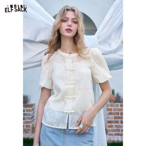 ELFSACK ชุดของมาใหม่แขนสั้นสำหรับผู้หญิงใหม่เสื้อเก๋ไก๋ผ้าแจ็คการ์ดสไตล์จีน2025ฤดูร้อน