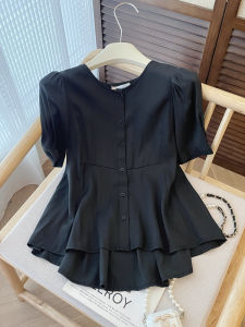 PAIBOLI | Summer Ladies Black Hepburn Style Shirt French Design High Waist Loose Fit Korean Retro Large Size Fashionable Casual Top