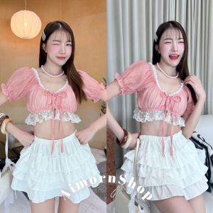 AimornShopp เสื้อแขนตุ๊กตา แต่งเดินขอบลูกไม้ สม็อคเอว ผ้าบางพริ้วใส่สบาย