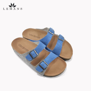 Dép Da Bò Lộn Nubuck Phối 2 màu Xanh-Xám Đế Trấu Quai Ngang LEMANS May Sandals - Blue&Grey. Quai điều chỉnh. Bảo hành 6 Tháng