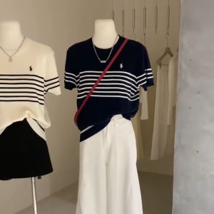 เสื้อยืดผู้หญิงแขนสั้นลายทางสไตล์เกาหลี ทรงหลวม คอกลม แขนสั้น ผ้าถัก ฤดูร้อน 2025 ดีไซน์ใหม่ ผ้าฝ้ายผสม