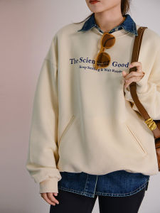 MeiYang Clearance Sale Bean Milk Box Fleece Lined Loose Letter Print Hoodie Womens Streetwear Long Sleeve round Neck Cotton